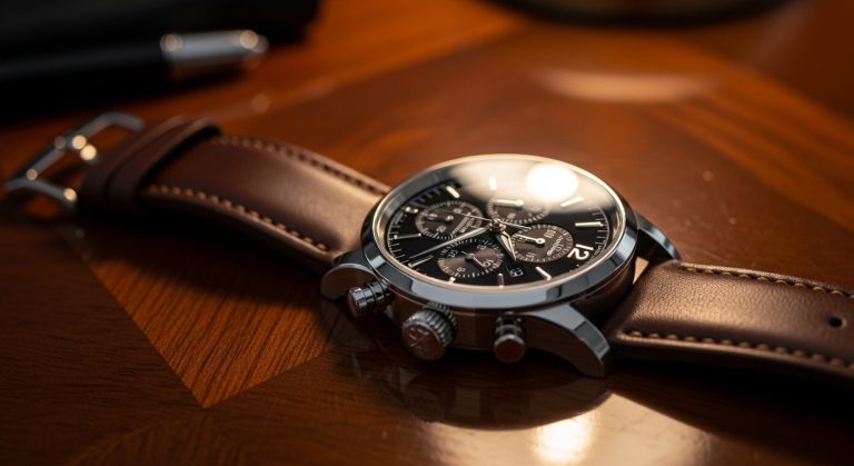 Luxury men's watch on wooden table, warm light, elegant design.