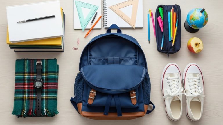 School accessories flat lay with backpack and scarf.