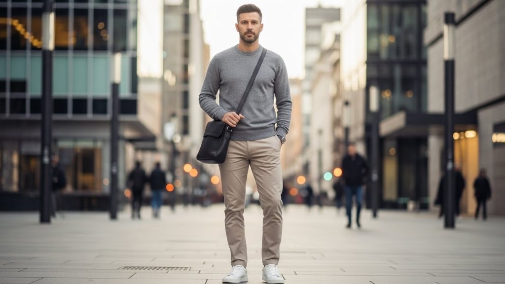 Man wearing grey sweater, beige chinos, white sneakers, neutral outfit urban backdrop.