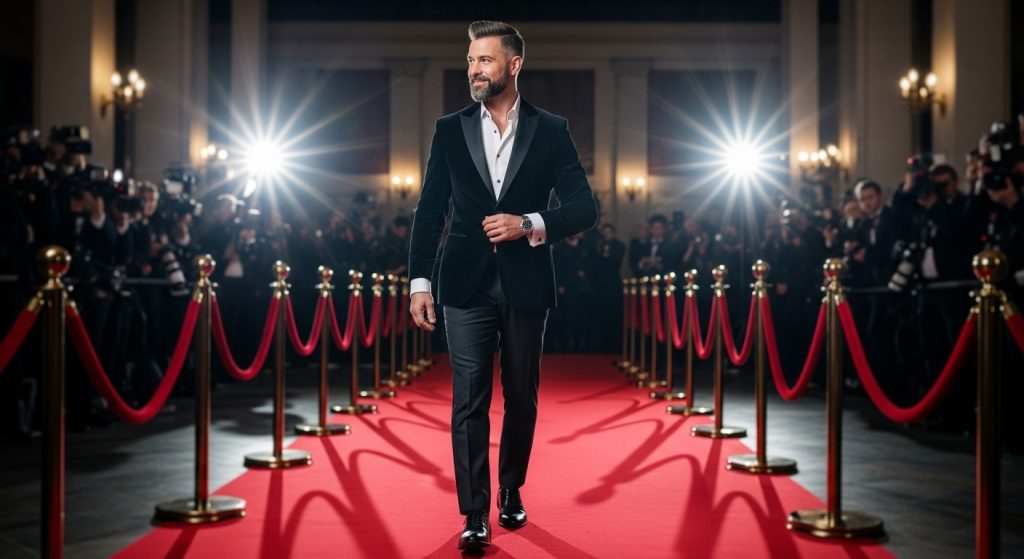 The Best Dressed Men in Hollywood: Get the Look Celebrity Style for Men 4 Man on red carpet in black velvet blazer, dress shirt, and polished shoes.