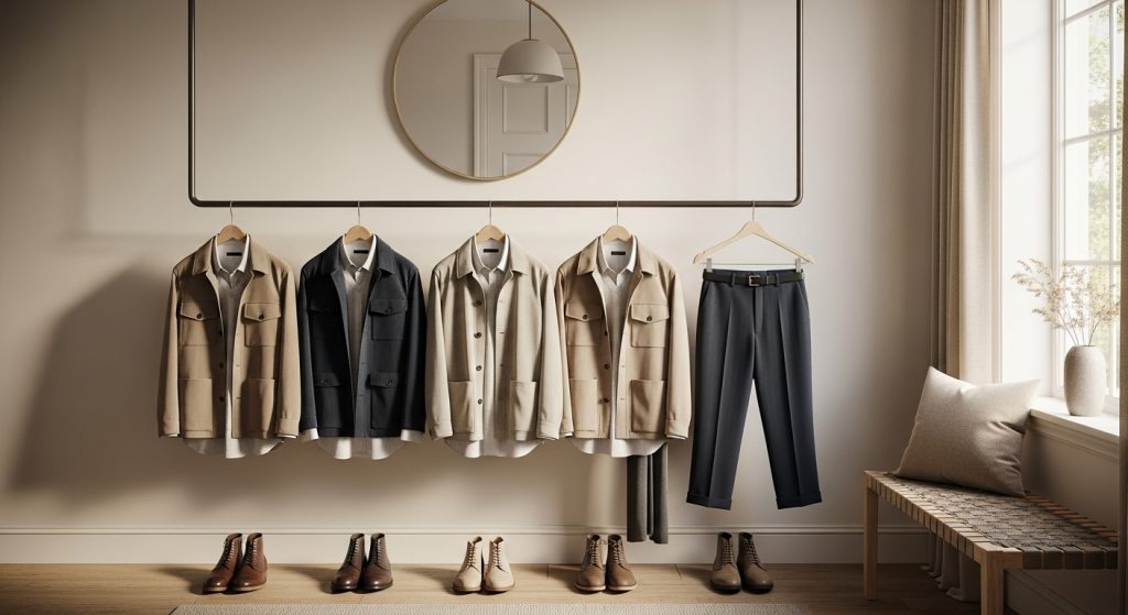 Entryway clothing rack showing neutral men’s outfits in beige, gray, navy.