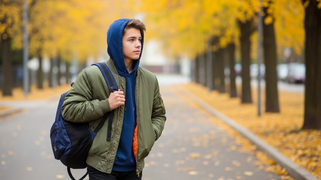 Back to School Outfits for High School | Trendy & Affordable Looks 6 Teen wearing green bomber jacket over hoodie.