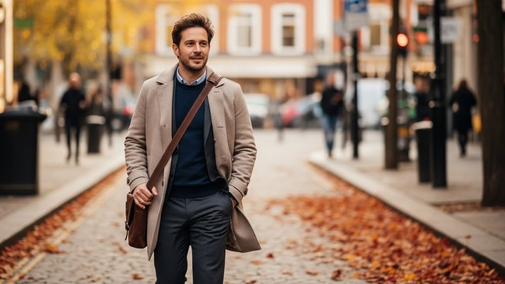 Man in beige wool coat layered over navy sweater with dark trousers, autumn street.