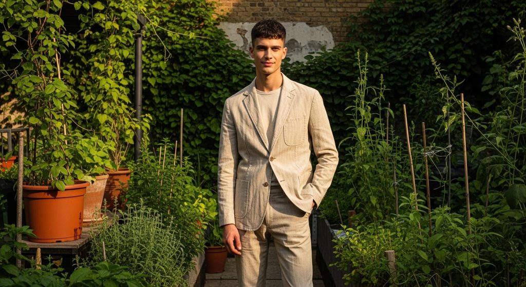 Man in eco-friendly cotton suit standing in urban garden.
