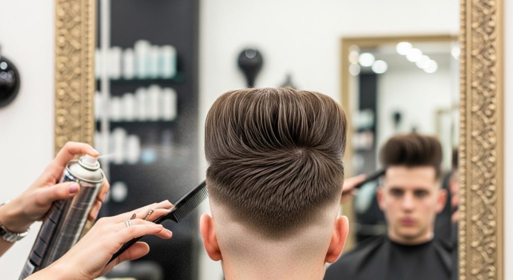 Final styling of high-volume pompadour using comb and light hairspray for hold in modern salon mirror.