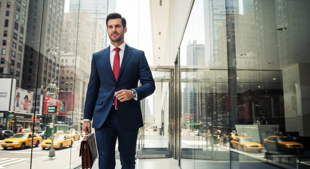 Businessman in navy pinstripe suit