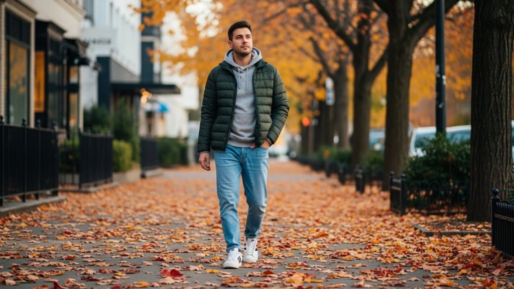 Must-Have Jackets for Men This Fall: Style and Warmth Combined 5 Dark green puffer jacket on man walking outdoors.