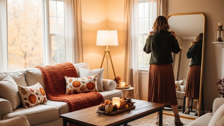 Full-body image of a woman in a cozy Thanksgiving outfit wearing a knit sweater, wool skirt, and boots, standing on a fall path with golden leaves.