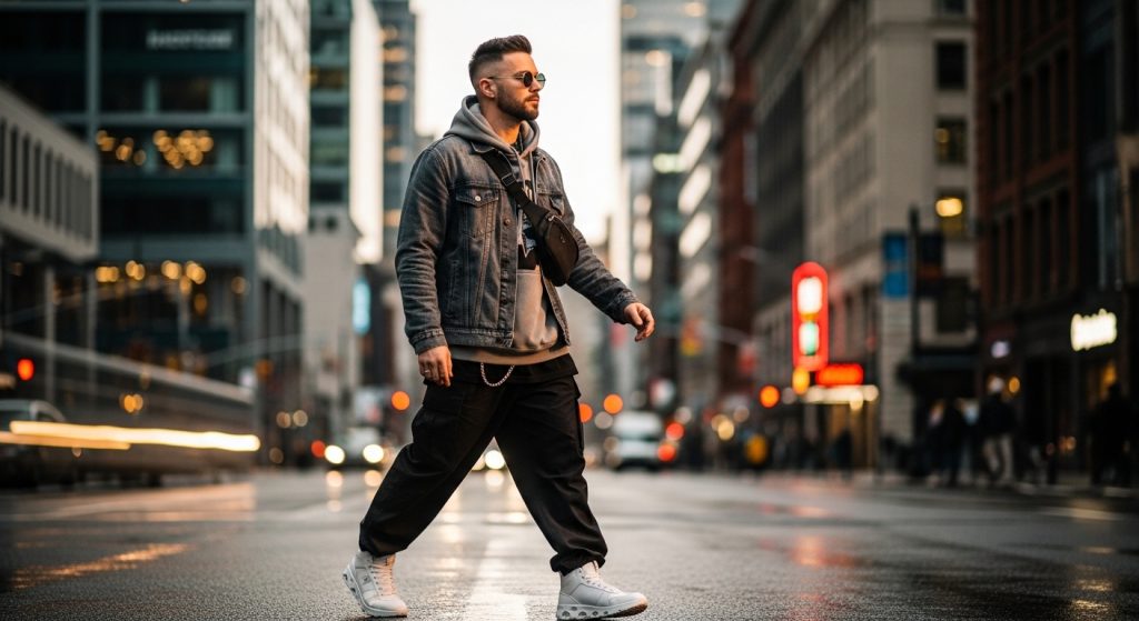 Modern men’s street style look walking in a city street with layered urban outfit.