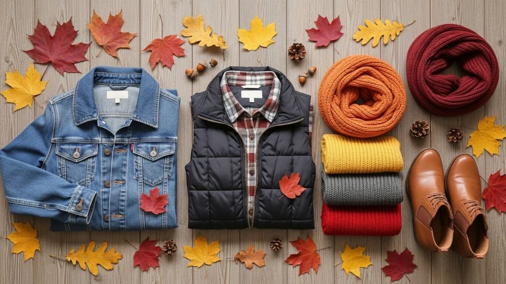 Must-Have Jackets for Men This Fall: Style and Warmth Combined 7 Fall jackets with scarves and boots flat lay.