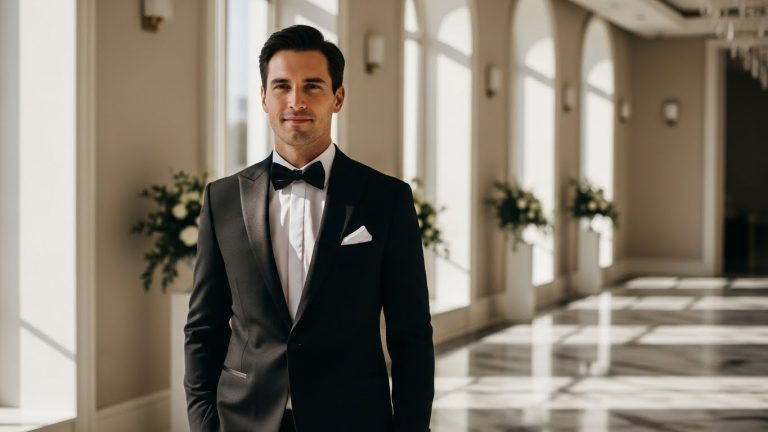 Groom in black tuxedo standing in elegant wedding venue.