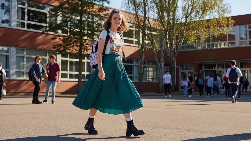 Back to School Outfits for High School | Trendy & Affordable Looks 4 Teen wearing denim skirt and graphic tee at school.