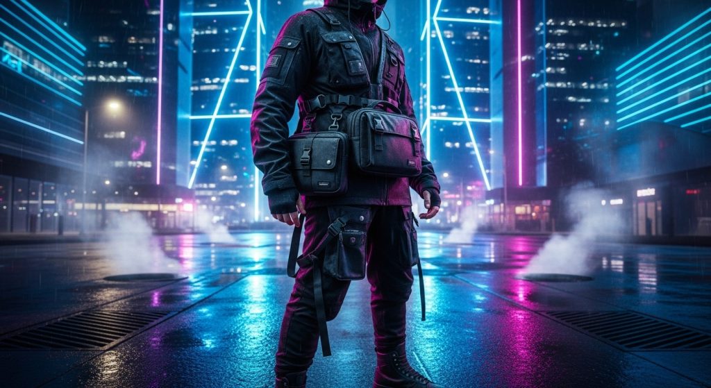 Man in black techwear outfit with modular bag and sneakers.