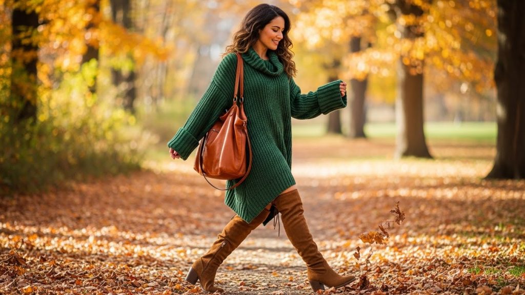 Thanksgiving Outfits Women Cute Cozy and Trendy 2025 9 Full-body image of a woman wearing a chunky cable-knit sweater, wide-leg trousers, and brown boots while holding a pumpkin in a rustic fall settin