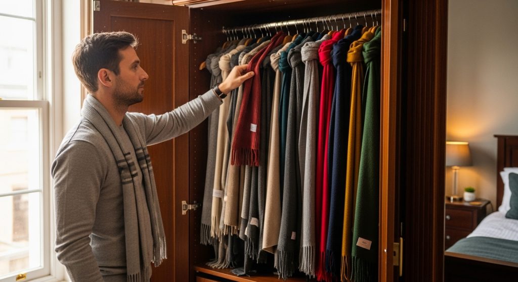Man choosing a scarf from a wardrobe filled with neutral and bold colored scarves, sunlight filtering through a window.