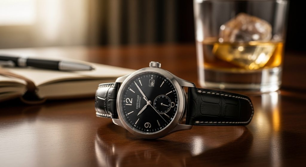 Luxury men's watch on wooden table, warm light, elegant design.