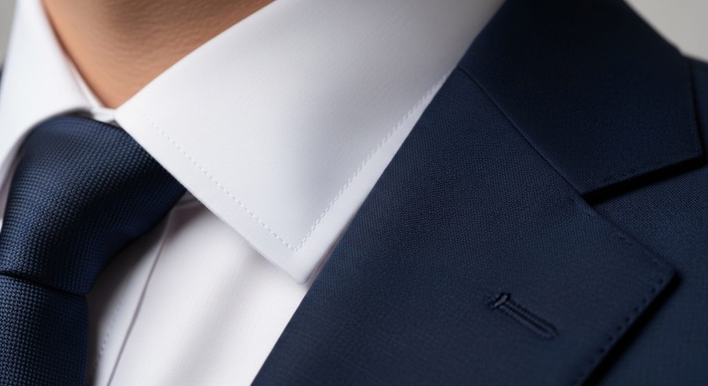 Man adjusting a silk tie with a coordinating pocket square on a tailored suit.
