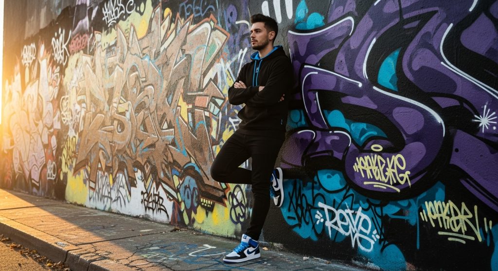 Urban Fashion: How to Style Sneakers Like a Pro | Street Style Tips 4 Man wearing bright-colored sneakers paired with hoodie accents in street setting.