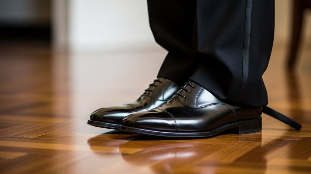 Luxury Black Tie Men’s Wedding Style: Timeless Groom Inspiration 5 Polished black leather Oxford shoes next to tuxedo trousers.