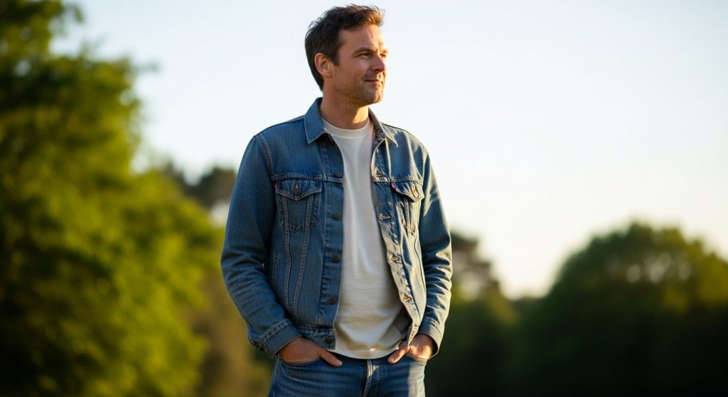 Man wearing layered outfit: tee, denim jacket, simple jeans, outdoors.