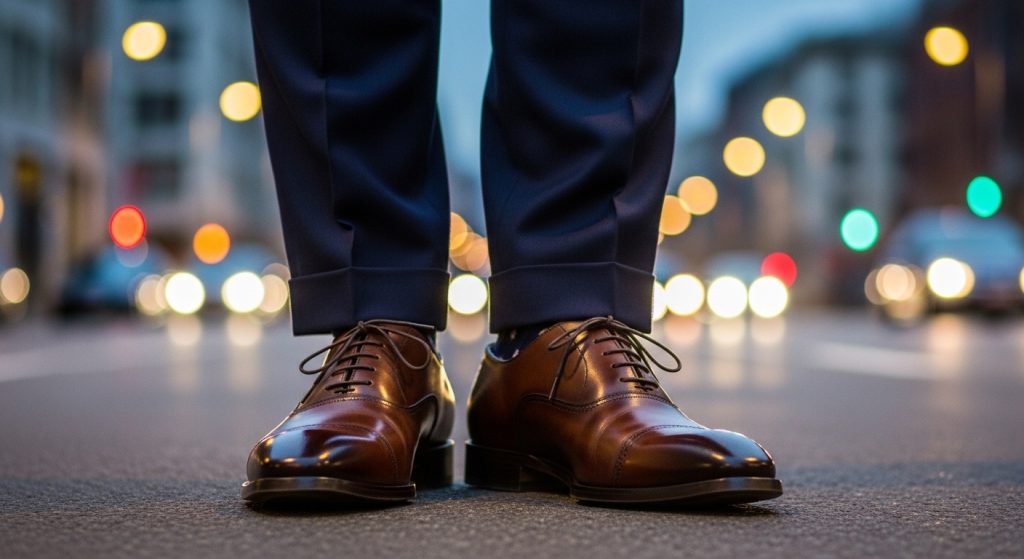 Polished brown leather shoes paired with navy trousers, city street background