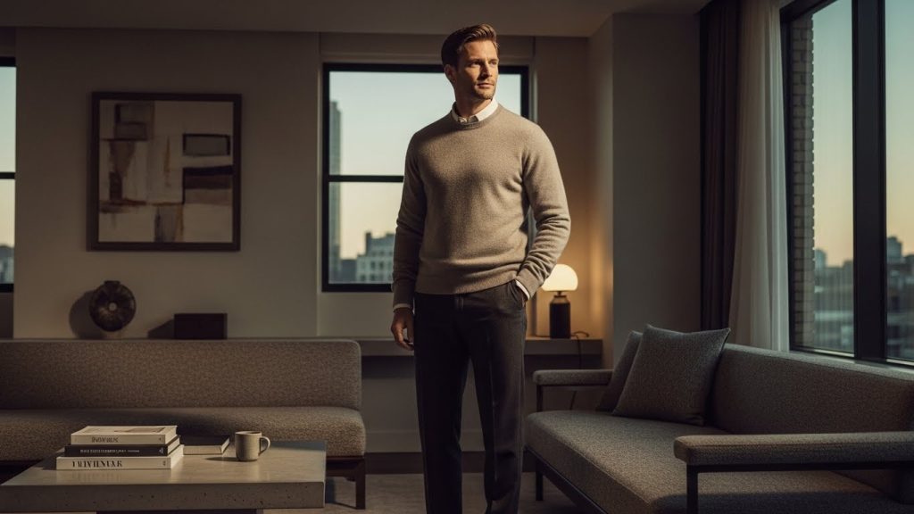 Man in soft cashmere and tailored pants.