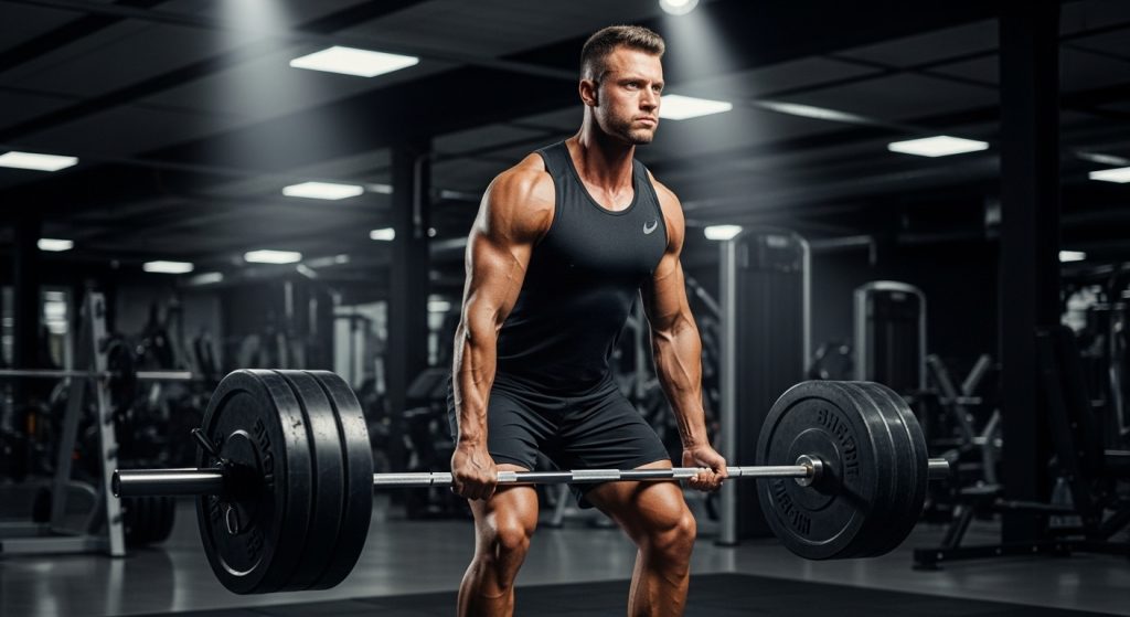 Man wearing charcoal monochrome gym outfit lifting weights.