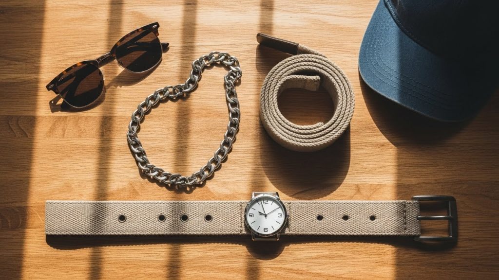 Flat-lay of men’s summer accessories including sunglasses and watch.