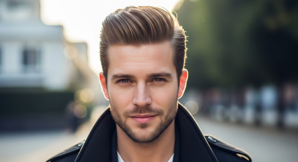Stylish modern man with a high-volume, glossy pompadour standing outdoors in soft natural light, showing a polished 2025 hairstyle.