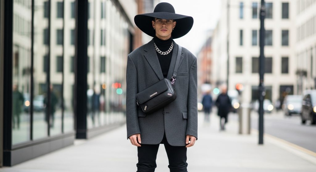 Man with crossbody bag, chain necklace, and oversized hat.