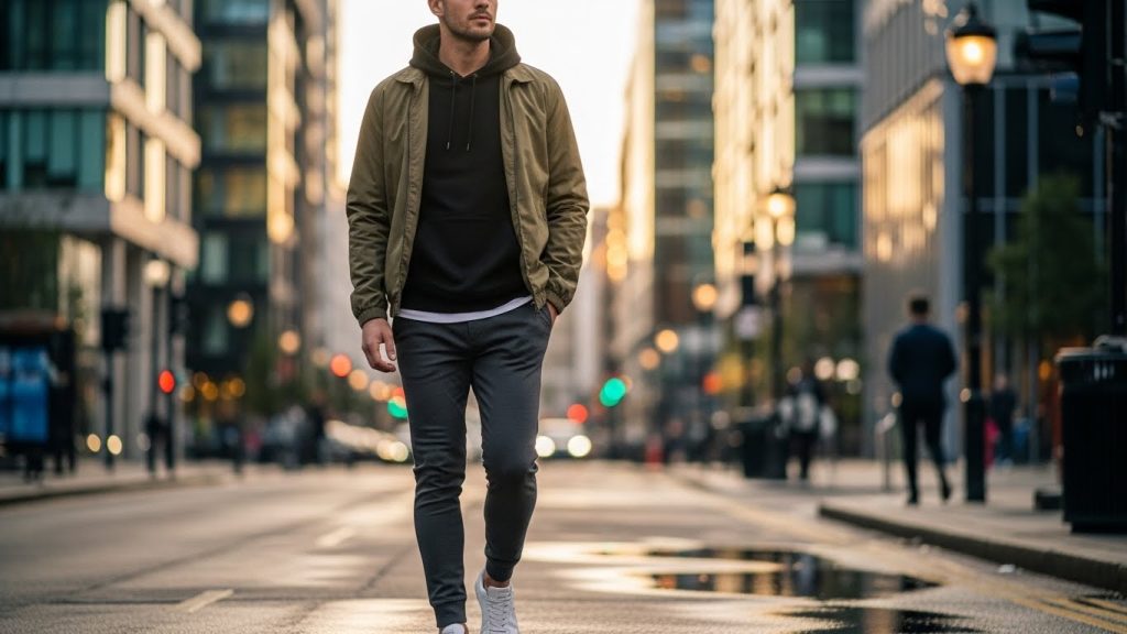 How to Stay Fit and Stylish: The Ultimate Fashion Guide for Active Men 3 Man wearing black hoodie under olive lightweight jacket on city street.