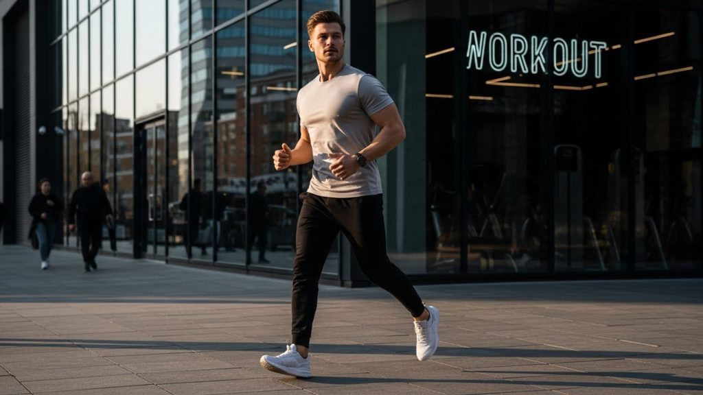 How to Stay Fit and Stylish: The Ultimate Fashion Guide for Active Men 8 Man wearing all-neutral workout outfit: grey tee, black joggers, white sneakers.