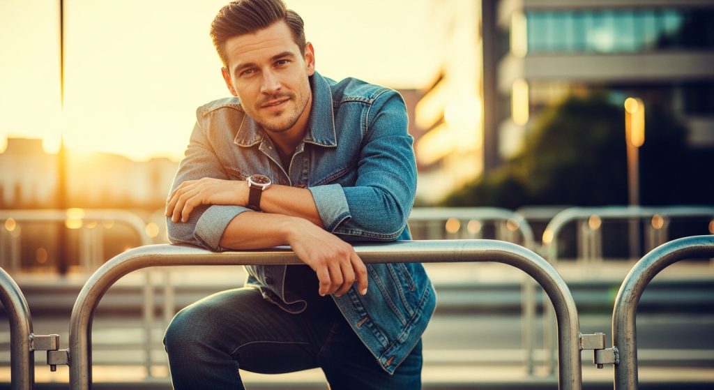 Man in denim jacket and jeans leaning on a street railing in sunlight.