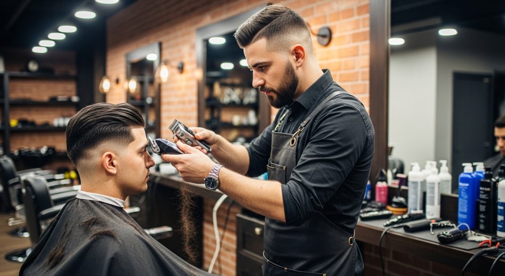 Barber precisely cutting a client’s hair to achieve a clean fade in a contemporary salon.