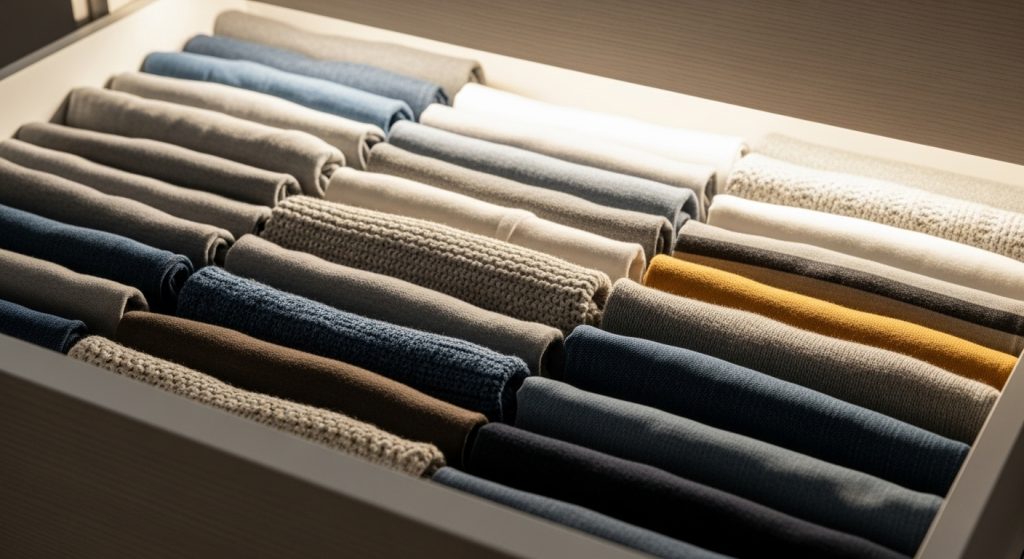 Neatly folded clothes in a drawer, clean and organized wardrobe.