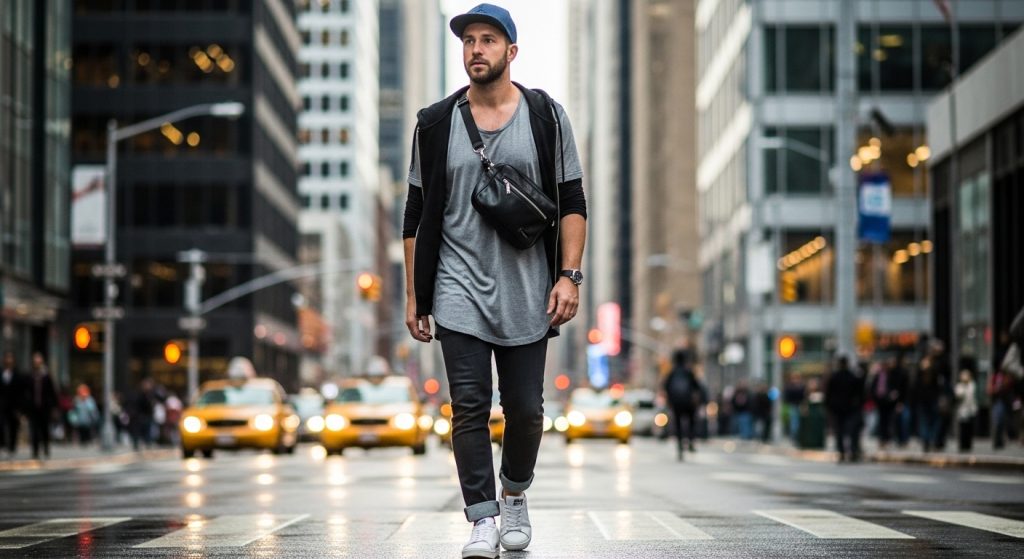 Urban Fashion: How to Style Sneakers Like a Pro | Street Style Tips 6 Man wearing crossbody bag, cap, and watch paired with clean sneakers on city street.