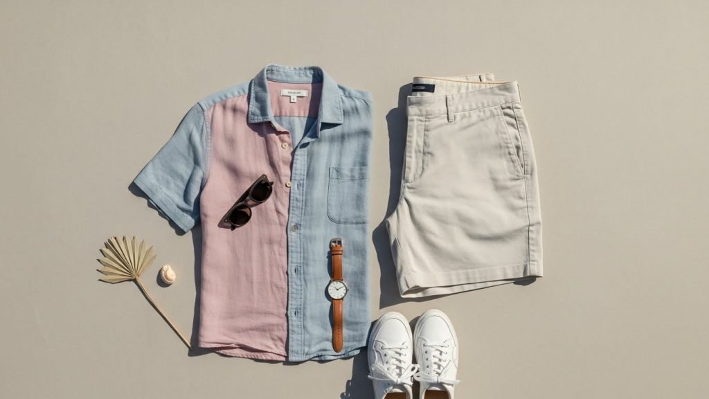 Minimalist summer outfit flat-lay with linen shirt, shorts, and sneakers.