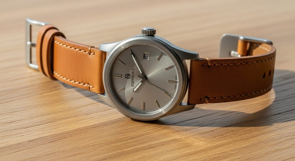 Men’s eco-friendly watch with recycled metal case and sustainable leather strap on wood surface.