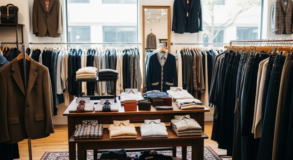 Stylish men’s clothing displayed in thrift store, natural lighting, budget luxury fashion vibe.