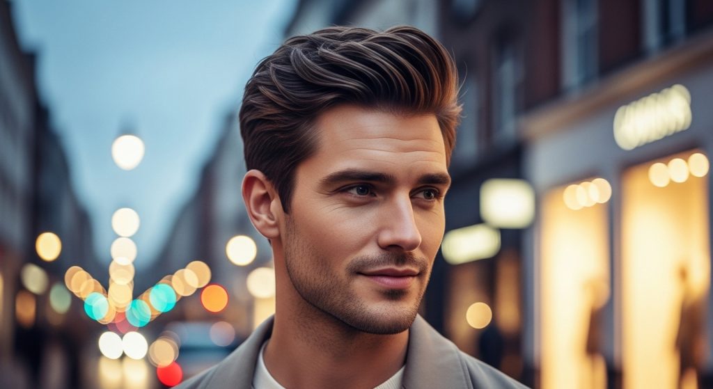 Stylish modern man showcasing a trendy haircut in 2025, textured top with natural styling, city street background with soft lighting
