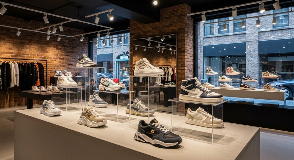 Urban Fashion: How to Style Sneakers Like a Pro | Street Style Tips 9 Display of trending sneakers: chunky, retro, and designer collaborations in store.