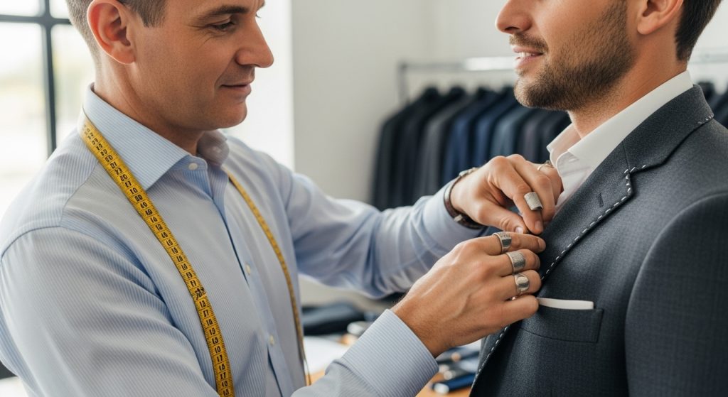 Tailor adjusting a suit jacket on man, close-up, professional lighting, focus on fit.
