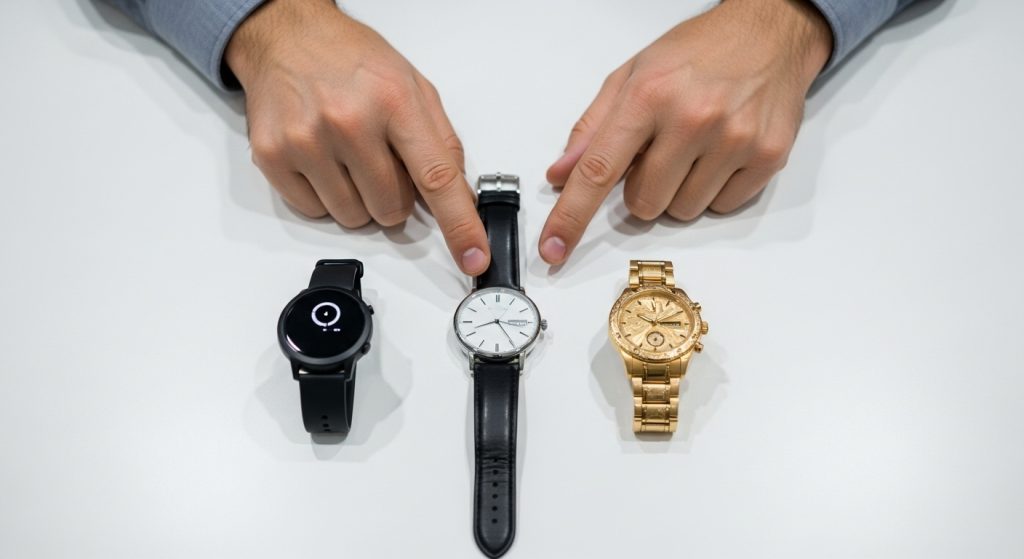 Man choosing between three wristwatches on table, top view, bright neutral light.