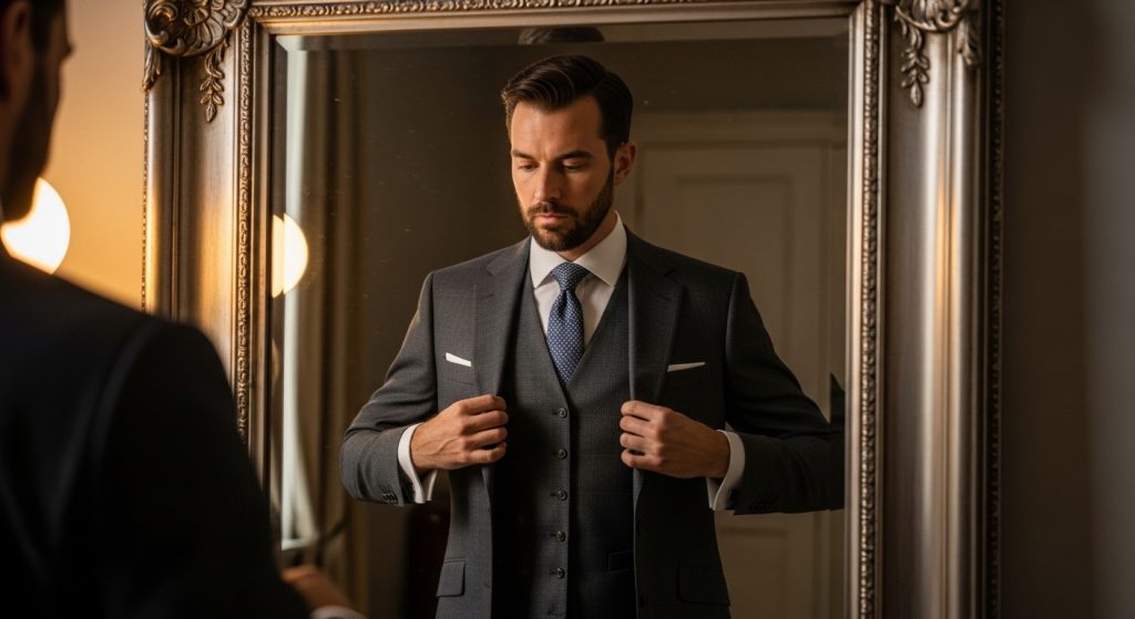 Man adjusting dark grey three-piece suit vest.