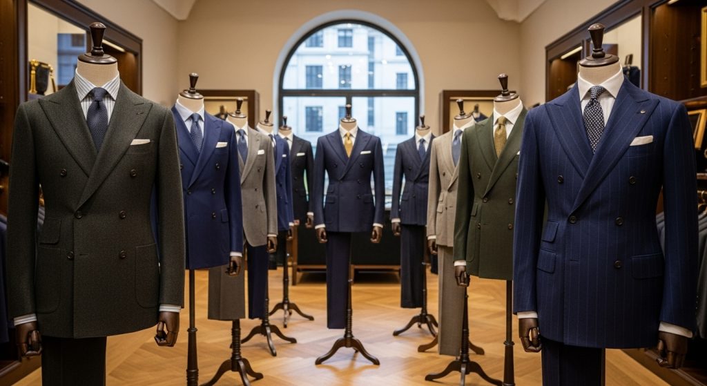 Collection of classic men’s suits on mannequins.