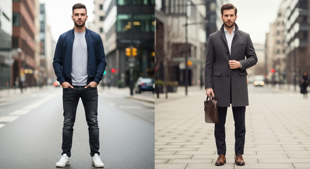 Comparison of a man in a casual bomber jacket and a man in a tailored wool coat.