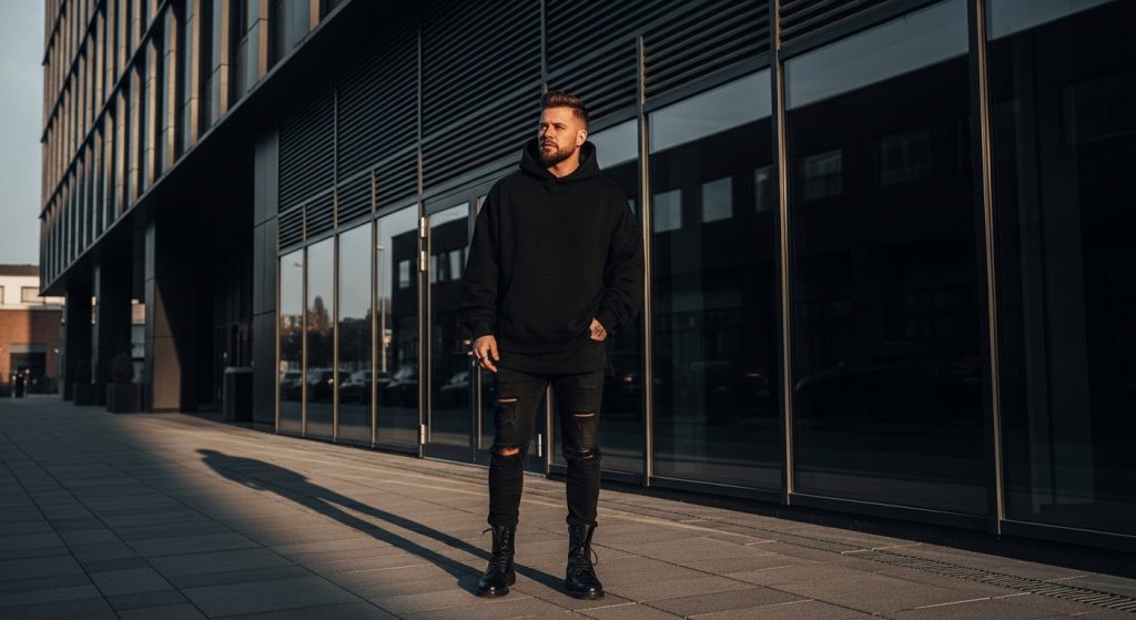 Man wearing an all-black monochrome outfit in a modern urban setting.