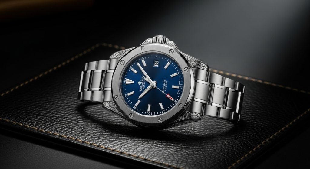 High-end luxury watch on dark leather, spotlighted with polished steel, dramatic premium look.