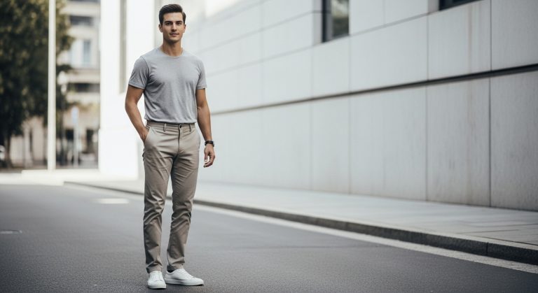 Young man in minimalist outfit on street, neutral tones, budget-friendly style.
