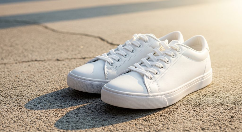 Pair of classic white sneakers placed on concrete under soft sunlight.